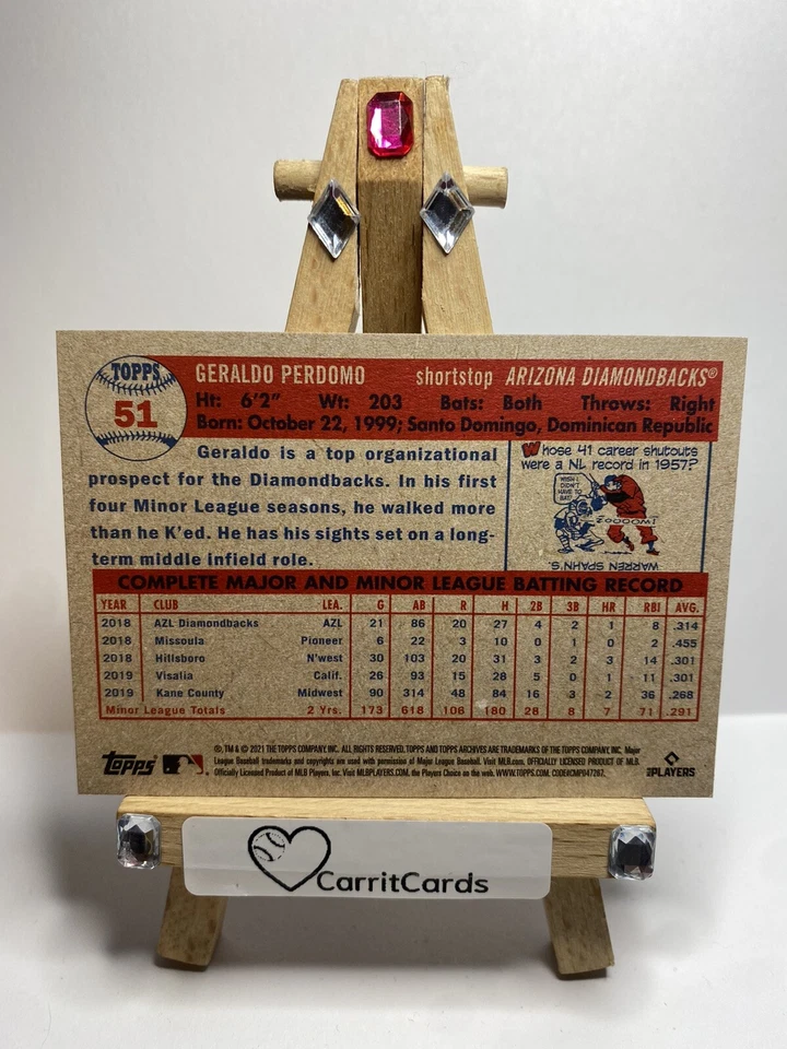 2021 Topps Archives GERALDO PERDOMO 1957 Topps Baseball Rookie RC - Image 4 of 4