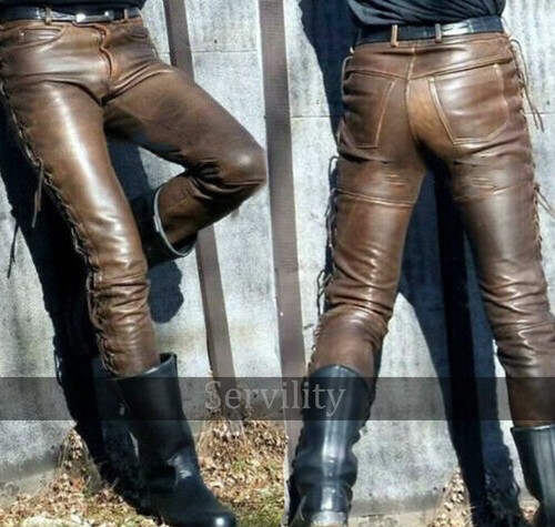 Men's Real Cowhide Leather Pants Brown 