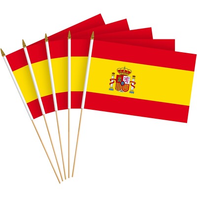 G128 12 Pack Handheld Spain Spanish Stick Flags 8x12 In Printed 150D Polyester