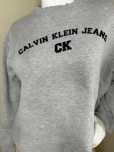 Vintage Calvin Klein Gray Sweatshirt Jumper Large Navy Logo Crewneck Pullover - Picture 2 of 4