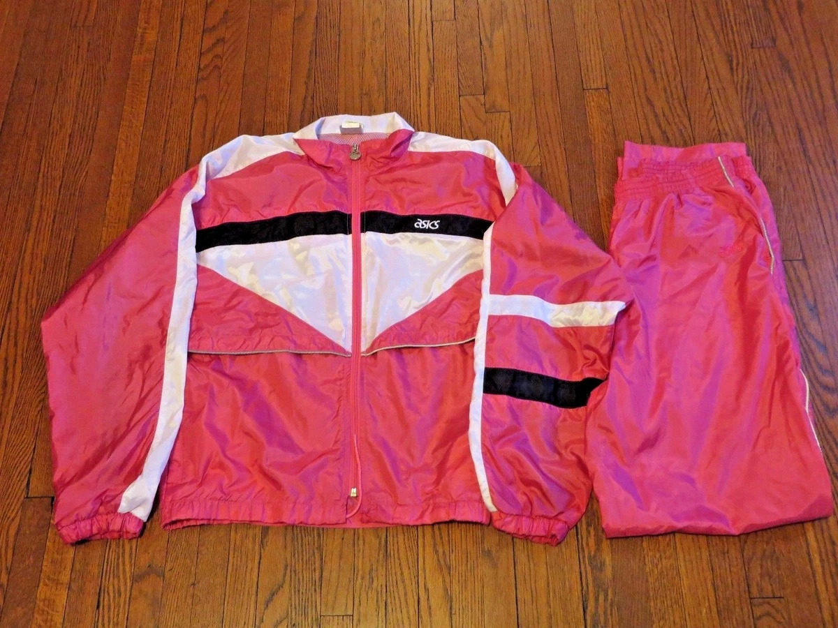 Women's VTG 80's 90' Asics Pink Black White Tracksuit Jacket sz M Pants sz  L