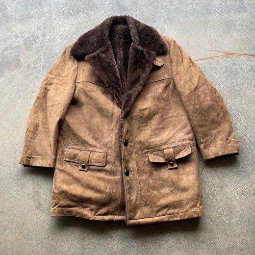 Vintage Tan Suede Faux Fur Lined Shearling Coat Mens Large Brown Rancher Jacket