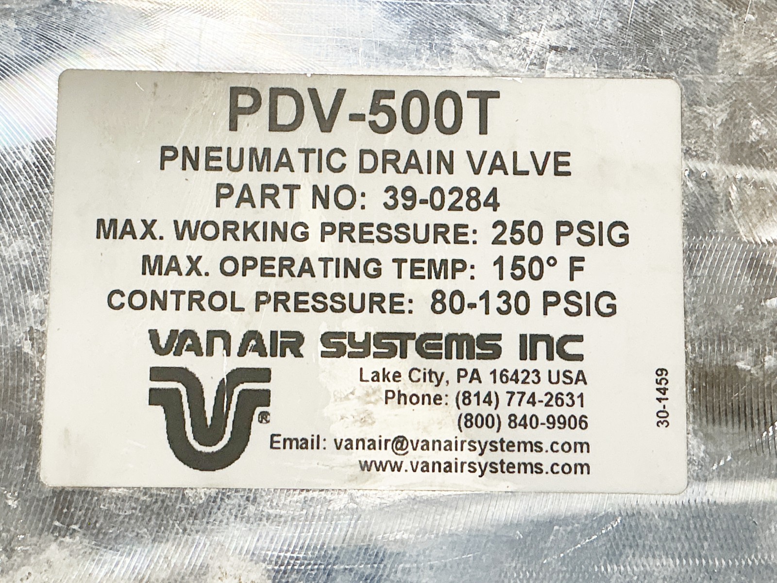 Vanair Systems inc 39-0284 Pneumatic Drain Valve 250PSIG 150F Deg PDV-500T