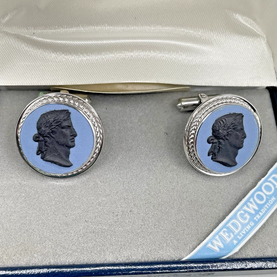 Gemelos camafeo de jaspe azul Wedgwood y corbata de plata esterlina Destino de colección nos Foto 4 de 4