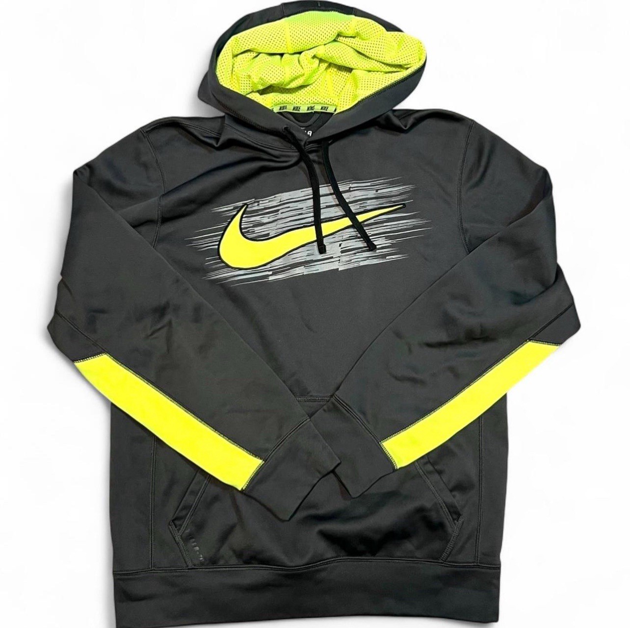 Nike Men's S Therma-Fit Fleece Pullover Hoodie Black Yellow Graphic Print