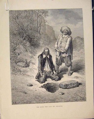 Original alter antiker Druck um 1868 Aesop Fable Lvii Geizhals Schatz verloren viktorianisch