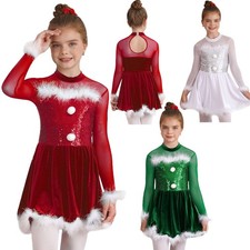 Girls Christmas Leotard Dress Xmas Santa Claus Costume Long Sleeve Dancewear
