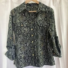 Notations Button Shirt Womens PM Green Snake Print Long Sleeve Collared Top