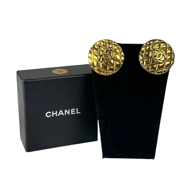 Chanel CC CoCo Mark Quilted 24K Plated Gold 1" Clip On Earring Set