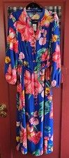 Halston Women Classic Blue Multicolor Floral Long Sleeve Belted Dress Size 6 NWT