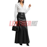 Black Lambskin Leather Maxi Skirt | Women's Genuine Leather A-Line Skirt