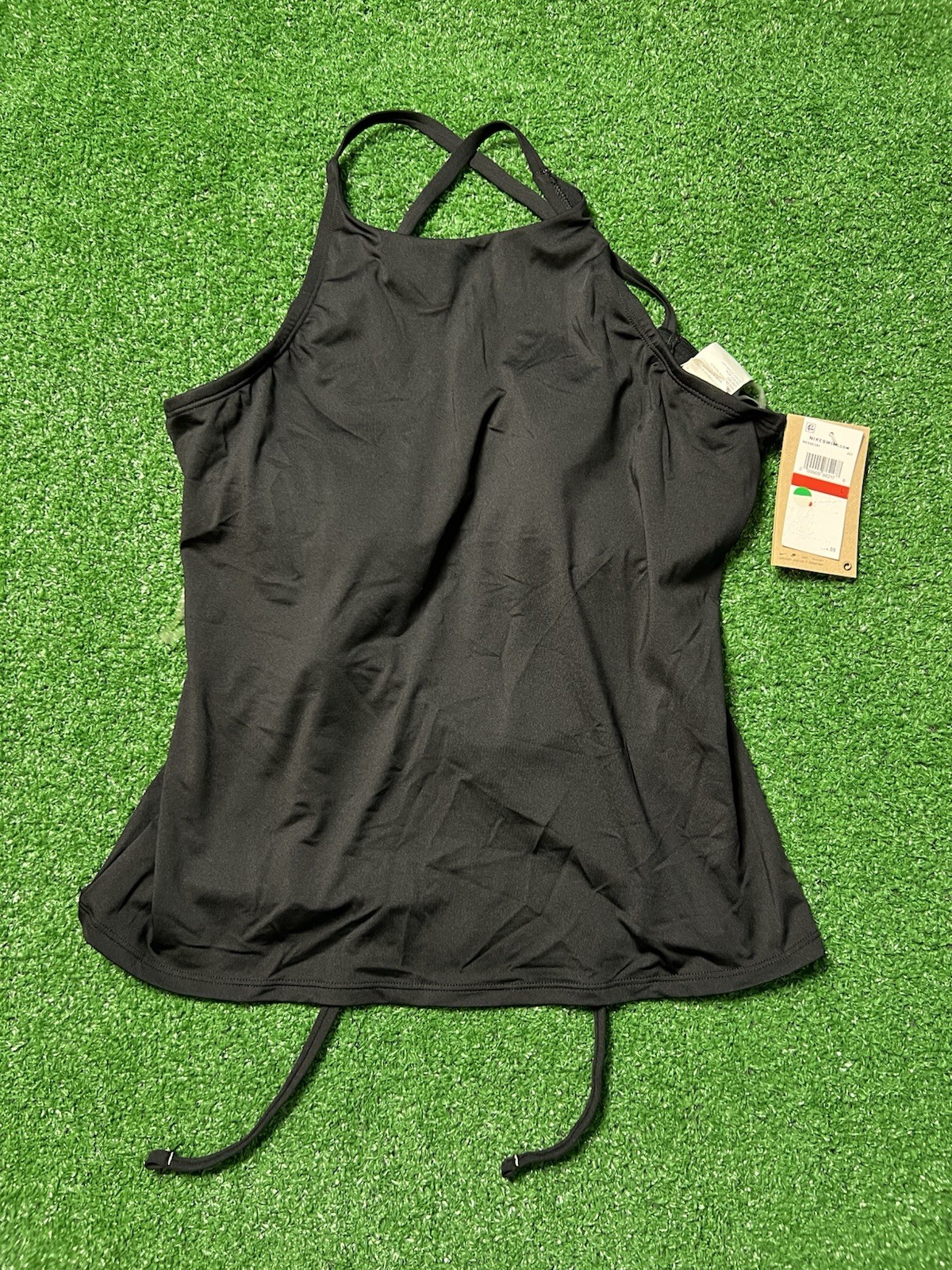 Nike Swim Tankini Top Women L Black Strappy Back Cutout Athleisure NESSE281