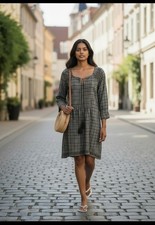 Johnny Was 3J Workshop Mini Dress Plaid Eyelet Pleated Cotton Women XS Boho 