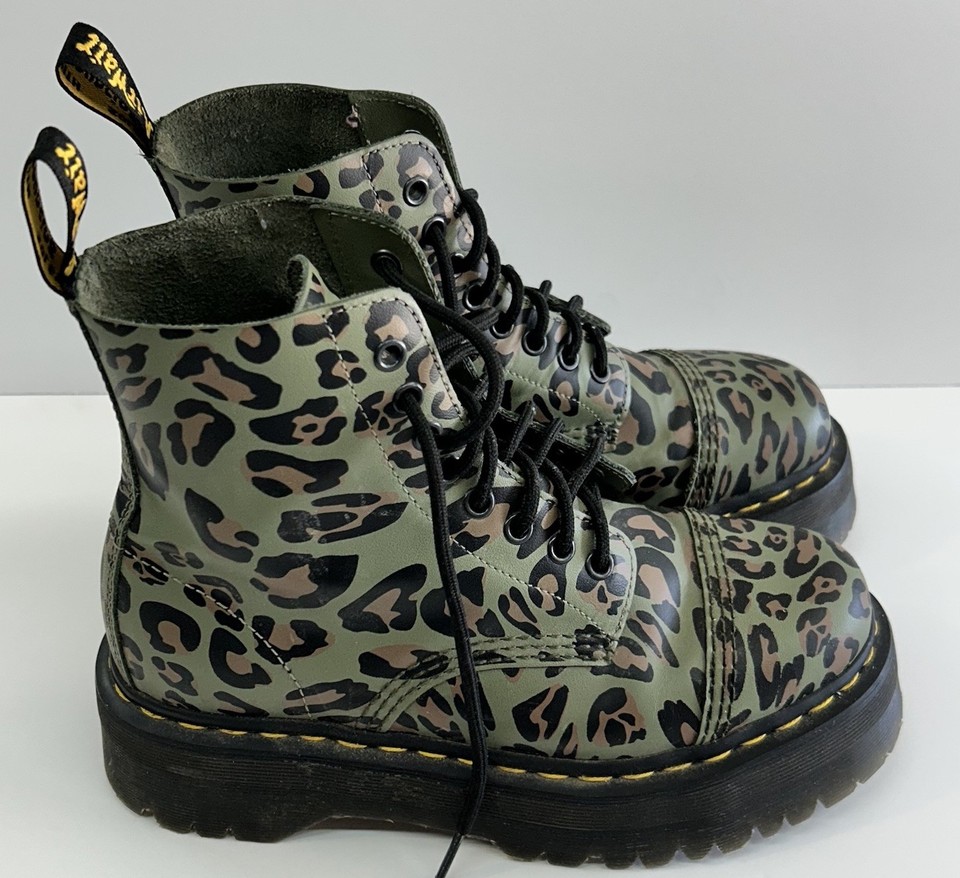 Dr Doc Martens Khaki Green Distorted Leopard SINCLAIR Platform Boots US ...