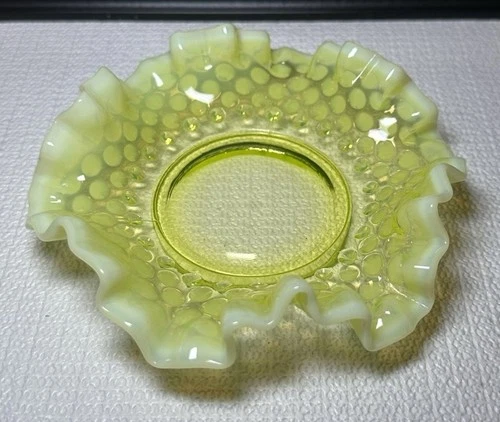 Fenton Topaz Vaseline Opalescent Hobnail Footed Ruffled Candy Dish 6-inch