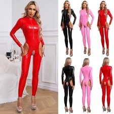 Womens Bodysuit PVC Leather Cut Out Bodycon Jumpsuit Catsuits Wet Look Clubwear