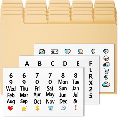 OFFILICIOUS 25 Manila Index Card Dividers 5x8'' and 108 Easy-Read Stickers Set