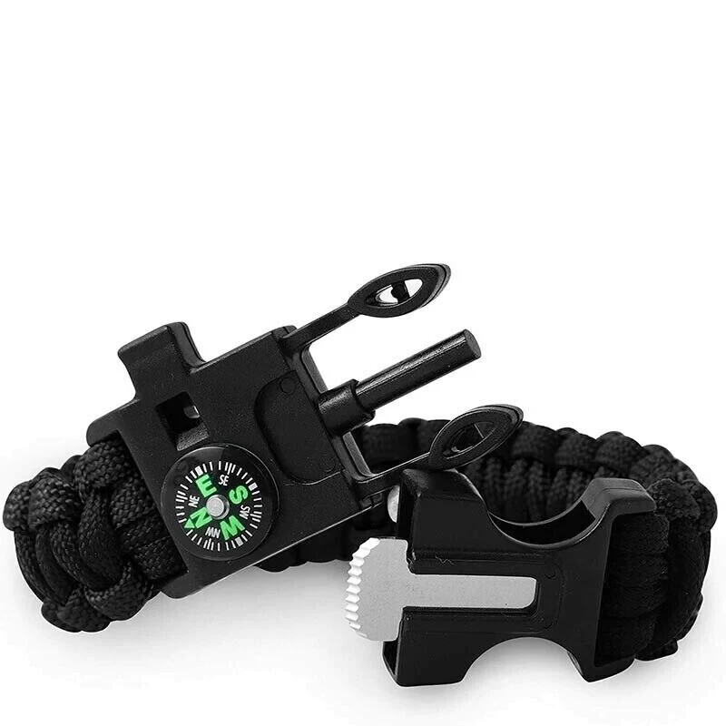 Survival Bracelet Compass Fire Camping Whistle Hiking Army Gear paracord Black eBay