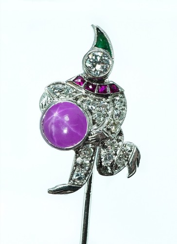 Tiffany Art DECO Old European Diamond Star Ruby Emerald Clown Stick Pin Platinum