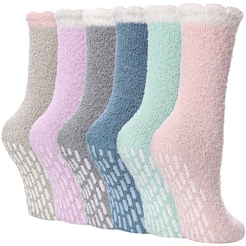 Women Fluffy Slipper Socks Hospital Non-Slip Soft Sleep Socks w/ Grips, 6 