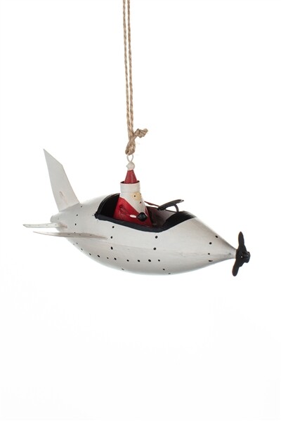 Shoeless Joe Santa In White Plane Christmas Tree Novelty Hanging Decoration