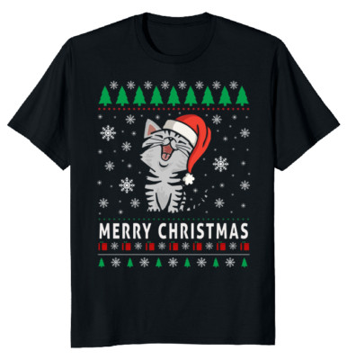 NEW LIMITED Christmas Cat Happy Ugly Funny Novelty Tee M-3XL Fast Shipping