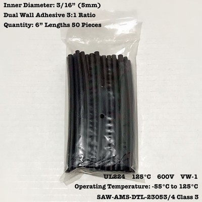 BLACK 3//16/" 5mm Dual-Wall Adhesive 3:1 Ratio Heat Shrink Tubing M23053//4 100 Ft