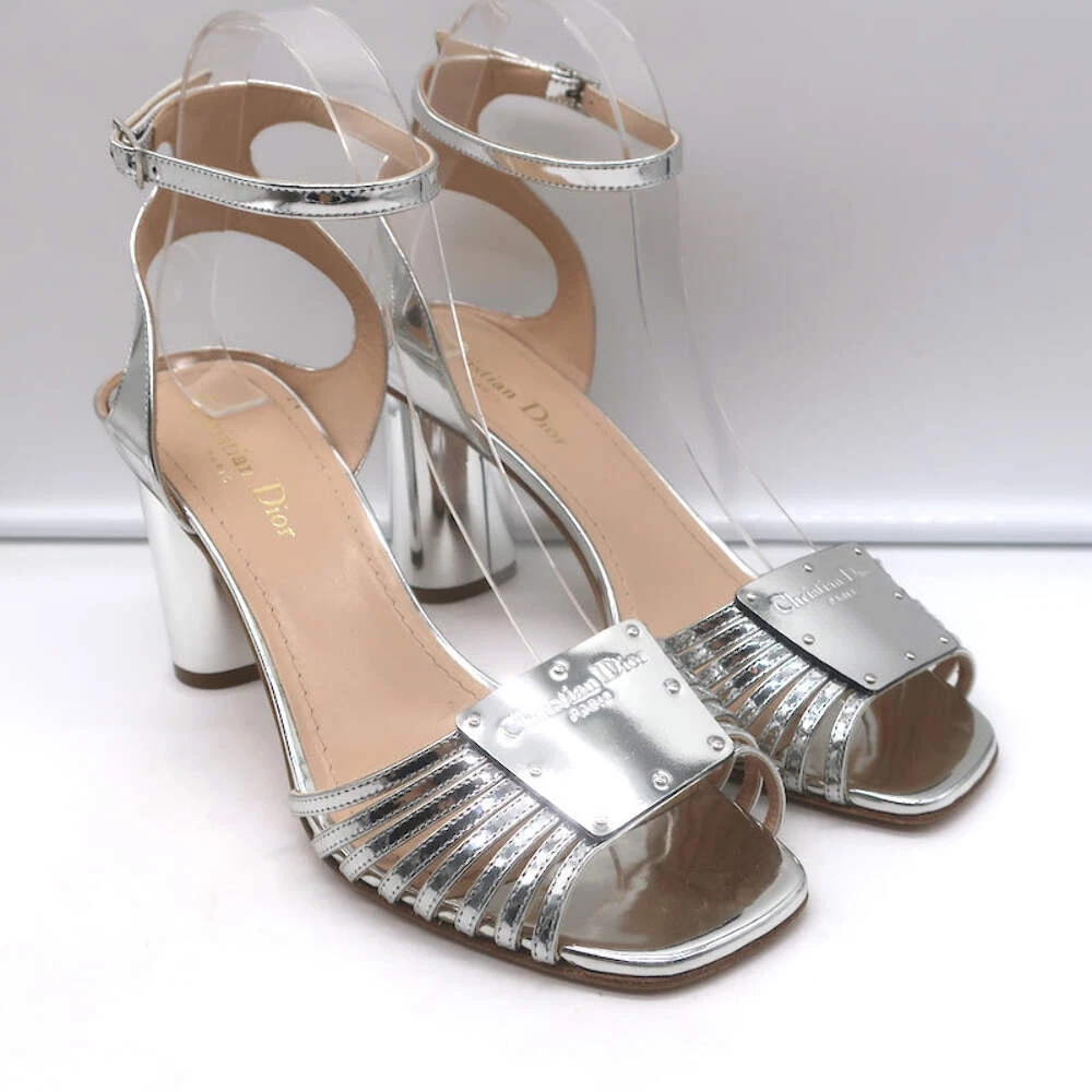 Sandales Christian Dior métallisées bride cheville cuir miroir argenté pointure 39