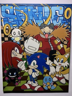 Sonic Canvas Acrylic Painting Hand Painted 11x14 Pop Art Gaming Wall Art 1 of 1