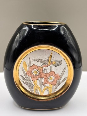 Seltene Otagiri Japan Chokin Art 4'' Vase mit Kolibri & Blumen 24kt Goldrand