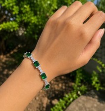 15Ct Emerald Cut Lab-Created Green Tennis Bracelet 14K White Gold Plated