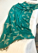 Pashmina wrap shawl, teal & taupe butterflies, dry clean/hand wash, 72"L /26" W