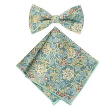 Men's Cotton Floral Print Bow Tie and Pocket Square One Size 76-green Yellow