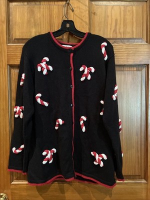Quaker Factory L Black Cardigan Button Knit Christmas Sweater Candy Canes