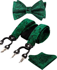Paisley Suspenders and Self Tied Bow Tie for Men with Pocket Square Set