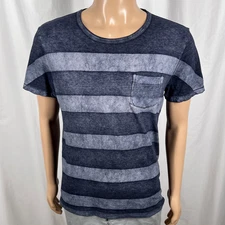 Hugo Boss Men's Medium Blue Washed Striped Crew Neck Short Sleeve Pocket T-Shirt