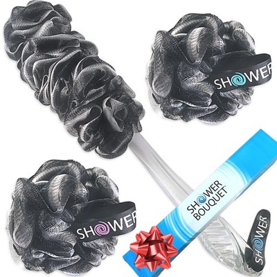 SHOWER BOUQUET Loofah-Charcoal Back-Scrubber & 3 Piece Set, Charcoal Black 