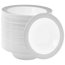 JOLLY CHEF 100-Pack 12oz Plastic Bowls Silver Rim - Disposable Soup/Party