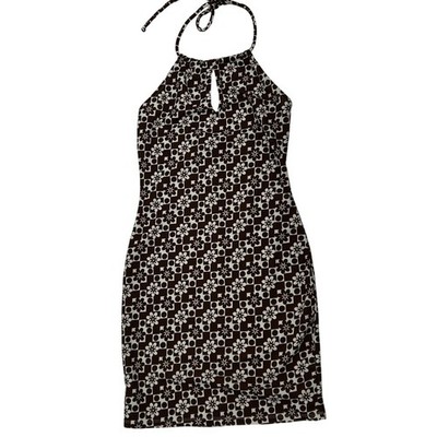 Rue21 Brown White Floral Checker Print Halter Mini Dress Bodycon Y2K Retro S