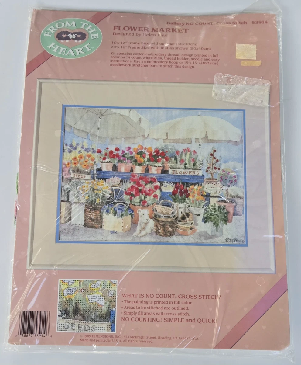 VTG SEALED From The Heart Flower Market No Count Cross Stitch Kit 53914 Dog