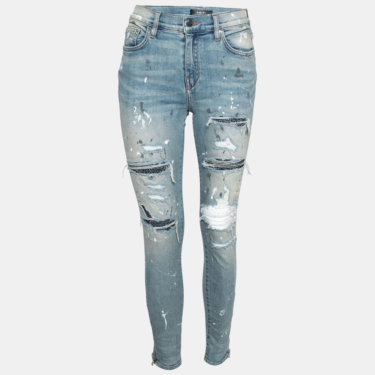 Amiri Blue Distressed Denim Crystal Embellished Inset Detail