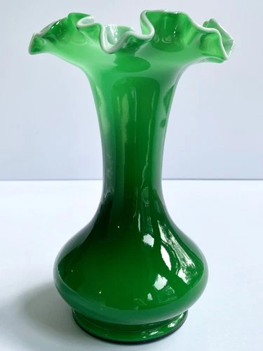 Fenton Green Overlay on White Art Glass Vase Ruffled Edge 7 1/2” Ivy Emerald MCM