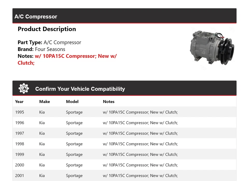 Compresor de aire acondicionado para Kia Sportage 1995-2001 4 estaciones 1996 1997 1998 1999 2000 Foto 2 de 4