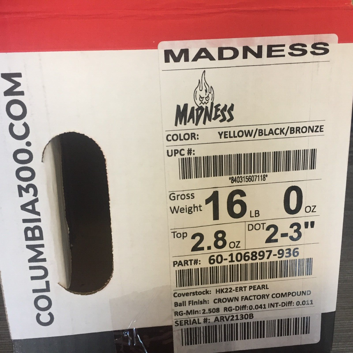 Columbia 300 Madness BOWLING ball 16 lb 1ST QUALITY new in box