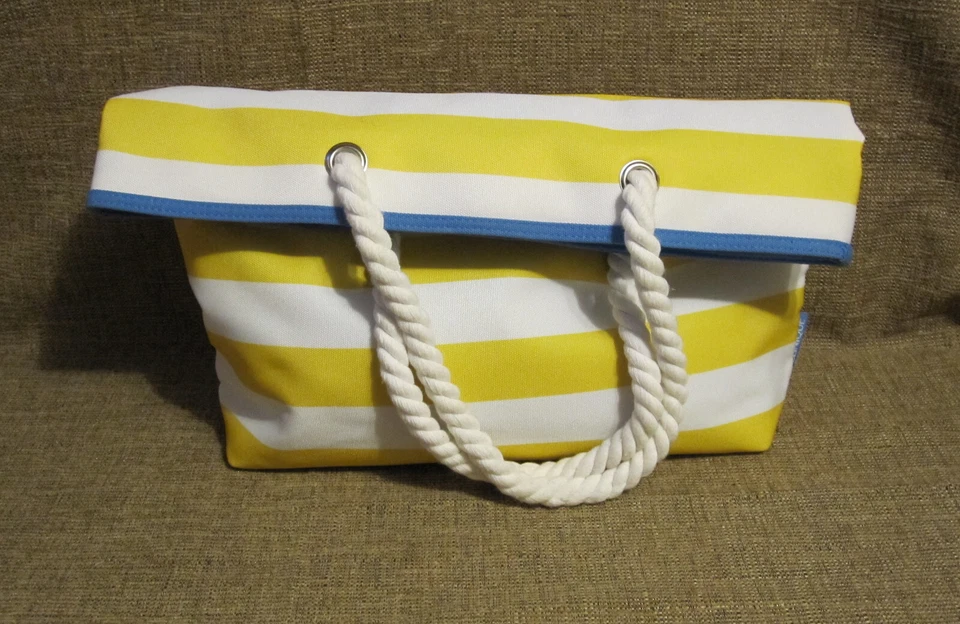 Bag Large Beach Bag Vintage Clinique Beach Tote Yellow white Striped Large Shoul - Image 3 of 4