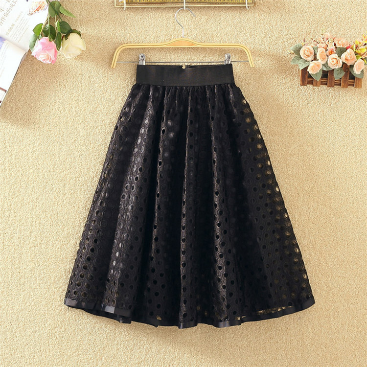 eyeye★大人気★LACE BANDING MIDI SKIRT Womens Lady Mesh Lace Midi Skirt High Elastic Waist Pleated