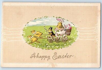 c1910's Easter Little Chicks Pulling Wagon With Big Hatched Egg Basket Postcard