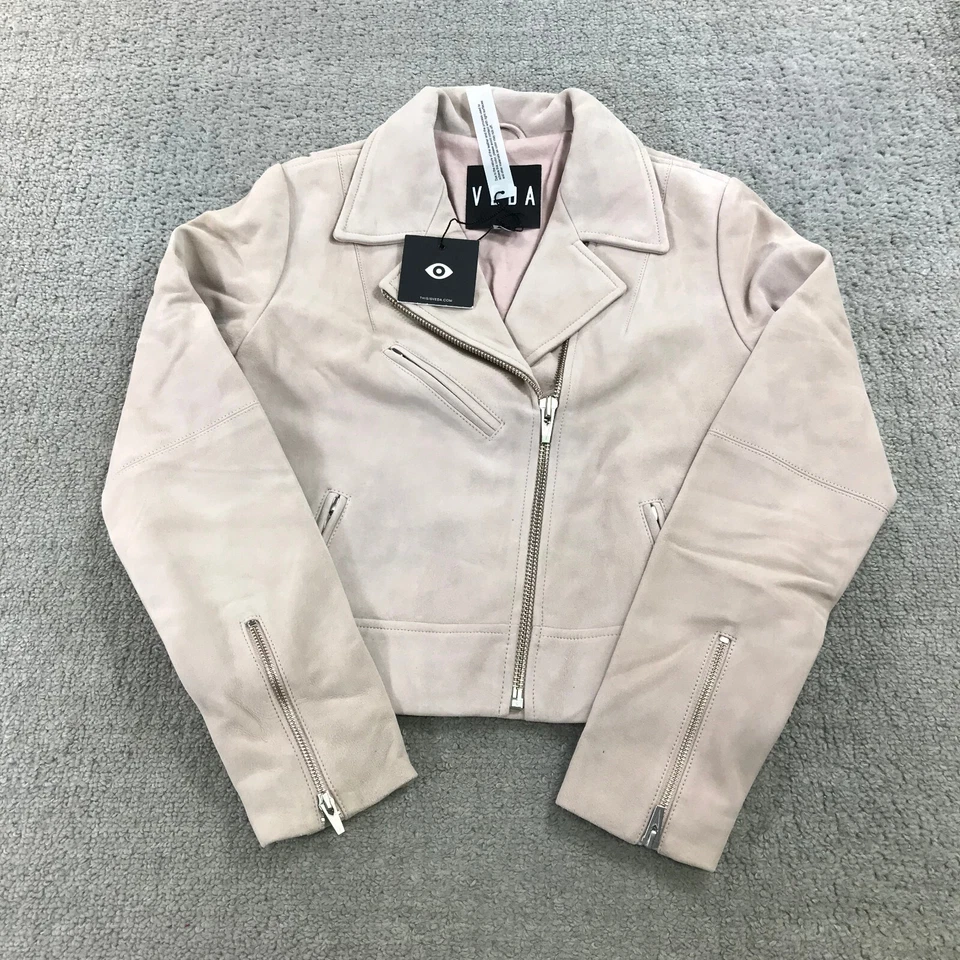 Chaqueta de Cuero Veda Mujer Mediana Clásica Cuero Moto Chaqueta Rosa Cabra Gamuza M Foto 2 de 4