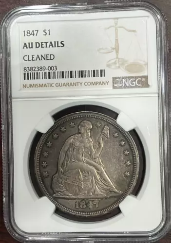 1847 Seated Dollar NGC AU Details, Cleaned