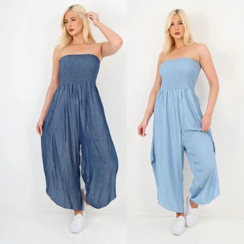 "Italian Denim Look Ruched Detail Jumpsuit Effortlessly Chic and Comfortable UK